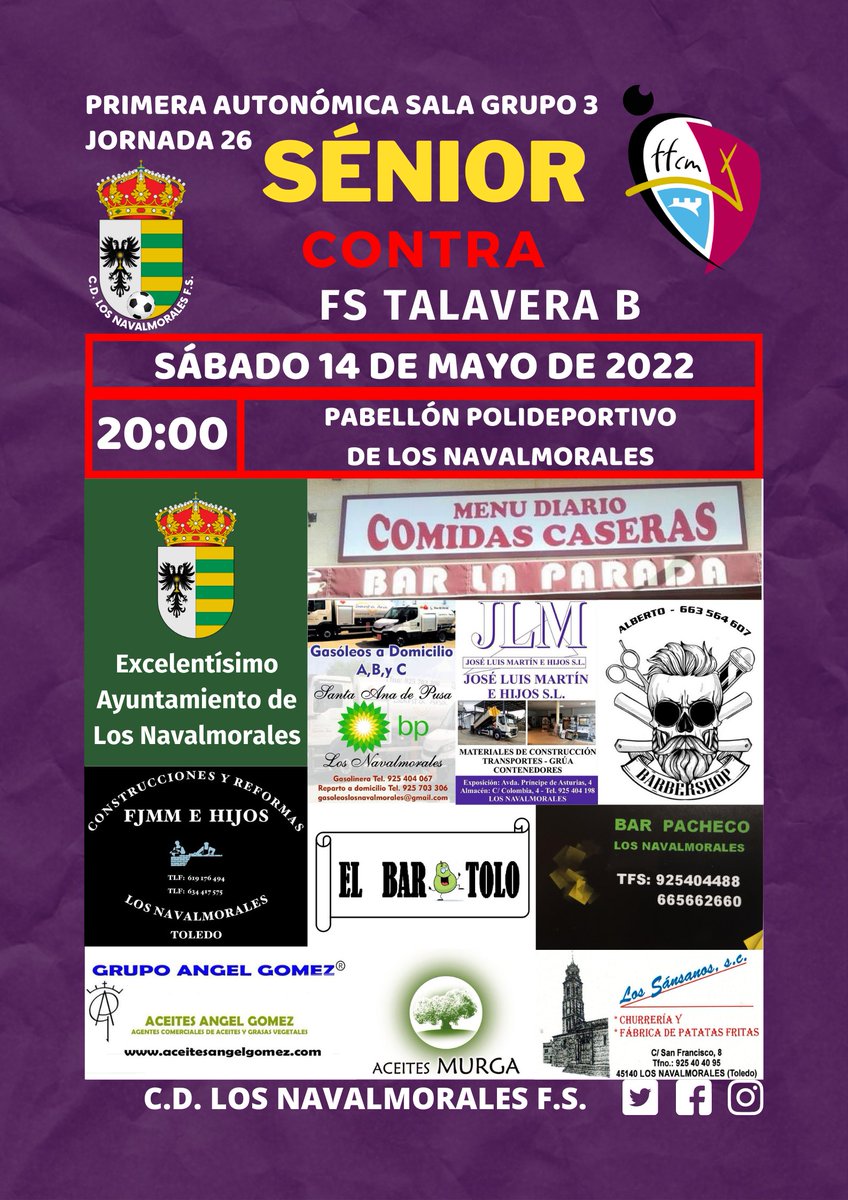 CDNavalmorales's tweet photo. ¡Despedimos la temporada!
¡Vamos a por los últimos partidos!
14 de mayo de 2022
🏆 Primera Autonómica Sala Grupo 3
⚽ SÉNIOR vs @FS_Talavera
🏟️ Pabellón Polideportivo de Los Navalmorales
⏱️ 20:00
#cdln #cdlosnavalmoralesfs #equipo #senior #autonomica #corazonmorado💜 https://t.co/YqchcBHMNv