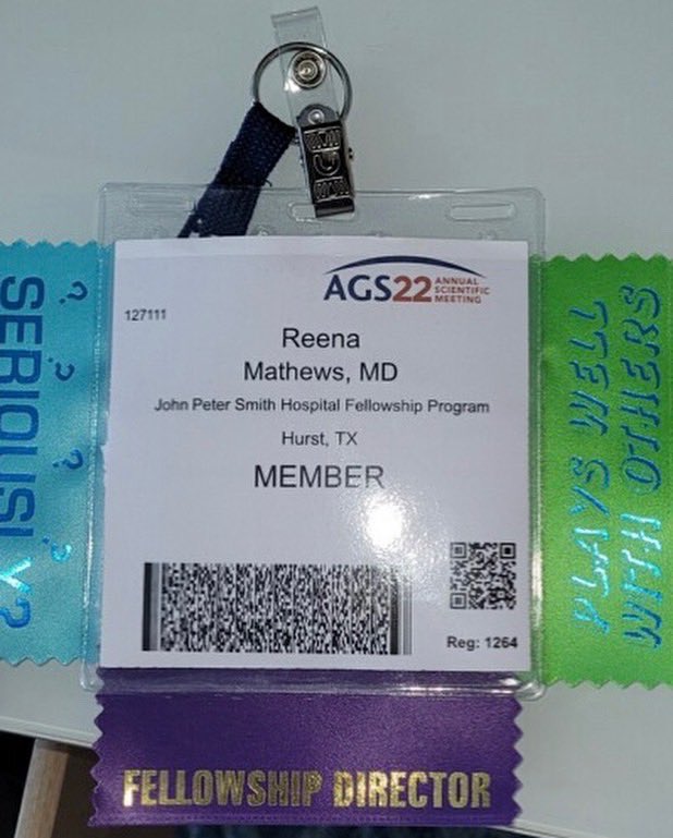 JPSGeri's tweet photo. Come visit us at #AGS22! Come by the recruitment fair and meet our wonderful, amazing and inspiring Program Director Dr. Reena Mathews! Learn more about JPS Geriatric Medicine Fellowship Program and share your passion for Geriatrics! https://t.co/iLpAZOrukn
