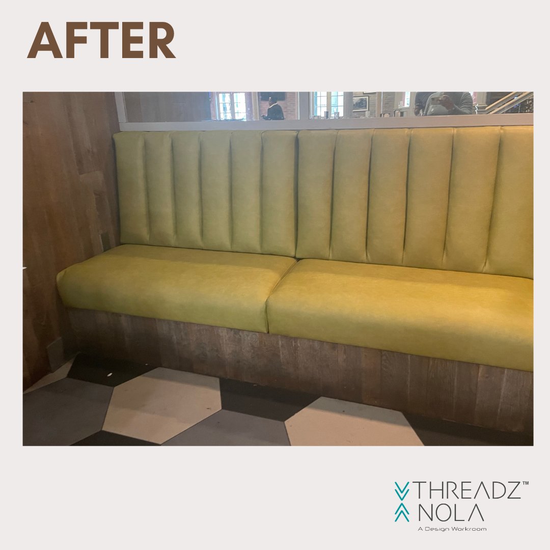 threadznola's tweet photo. ✅Commercial upholstery at its finest! 
BEFORE: restaurant banquette with cracked and worn vinyl. 
AFTER: New New New! definitely gave this section of the restaurant a NEW LOOK❗️
🔅CONTACT US TODAY FOR YOUR FREE ESTIMATE *Link in Bio*⬆️⬆️⬆️ https://t.co/4V299HtqLl