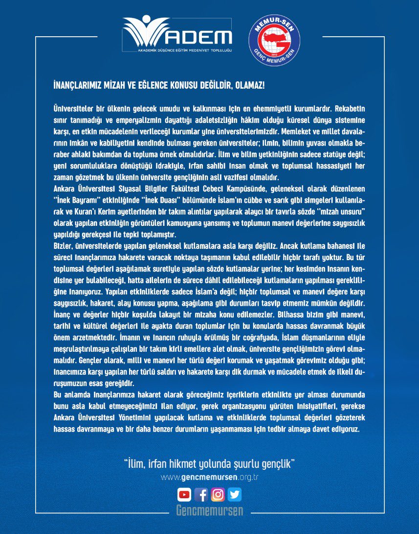 İnançlarımız mizah ve eğlence konusu değildir, olamaz!

Gençler olarak milli ve manevi her türlü değeri korumak ve yaşatmak görevimiz olduğu gibi; inancımıza karşı yapılan her türlü saldırı ve hakarete karşı mücadele etmek de ilkeli duruşumuzun esas gereğidir.

<a href="/AnkaraUni/">Ankara Üniversitesi</a>