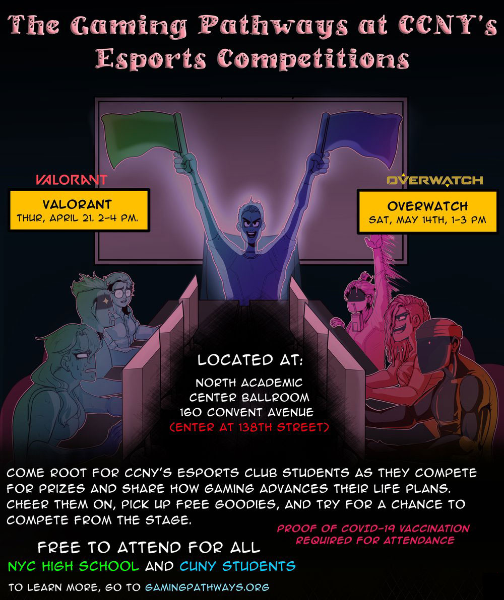 CityCollegeNY's tweet photo. TOMORROW: CCNY #eSports club members will go head-to-head before a live audience at the #GamingPathways Esports Competition: Overwatch. Come cheer them on, pick up free swag, and try for a chance to compete from the stage! https://t.co/C6KOQK5LFV https://t.co/q2KHYTKIcS