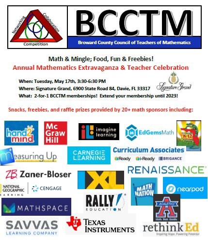 The BCCTM Extravaganza is back! Learn about resources to support the BEST standards! See you there! <a href="/BCCTM1/">Broward Math Council</a>