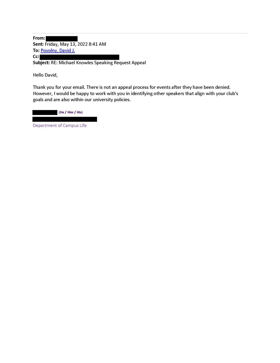 TommieCRs's tweet photo. BREAKING: UST Dep. of Campus Life says they have no plans to review Michael Knowles decision. 

If you are frustrated alumni, parent or donor feel free to reach out to campuslife@stthomas.edu to address your grievances. Remember to be respectful!!! https://t.co/fzbARE0VYg
