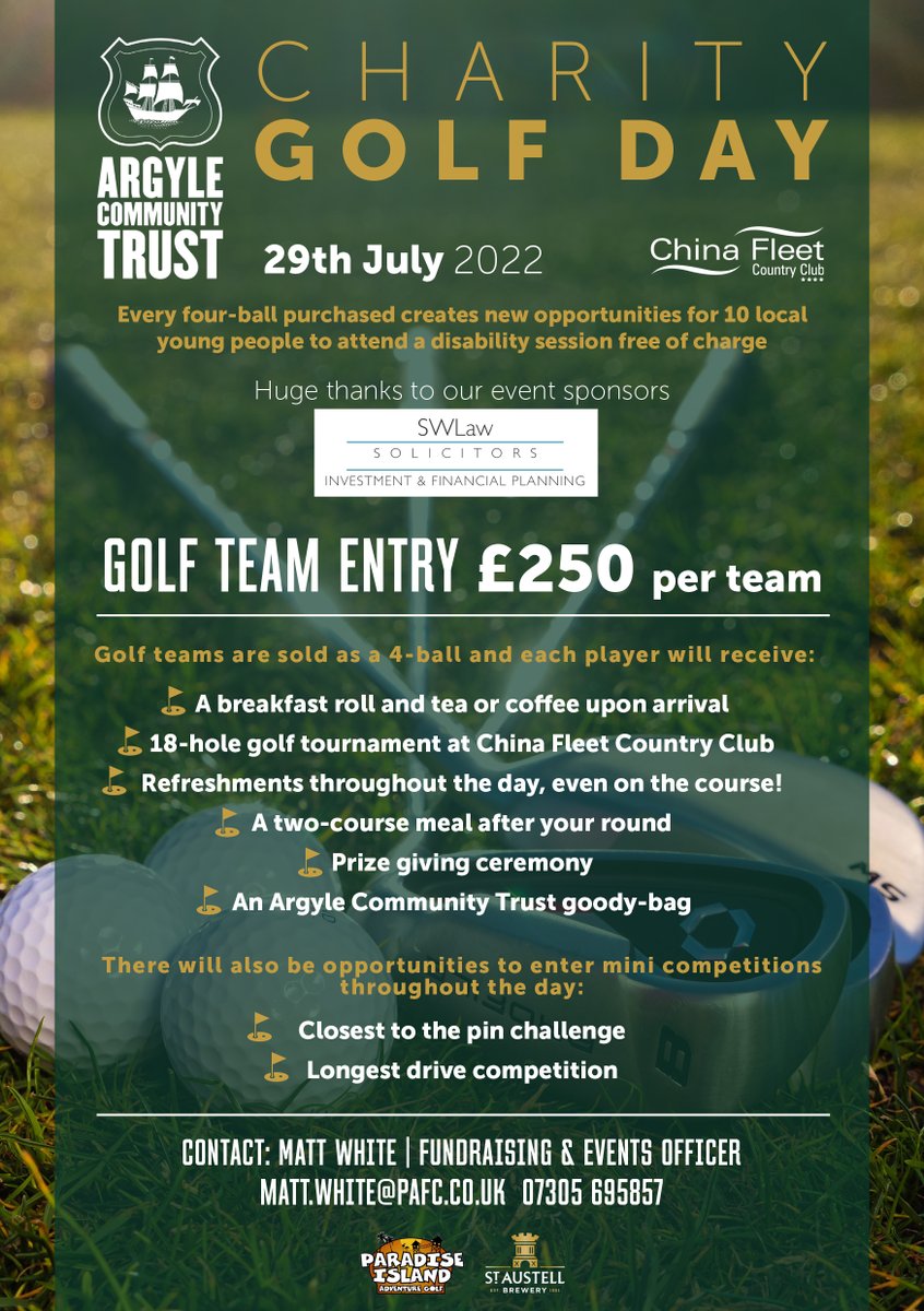 ArgyleTrust's tweet photo. ⛳️ 𝗦𝗜𝗚𝗡 𝗨𝗣 𝗧𝗢𝗗𝗔𝗬! 𝗔𝗿𝗴𝘆𝗹𝗲 𝗖𝗼𝗺𝗺𝘂𝗻𝗶𝘁𝘆 𝗧𝗿𝘂𝘀𝘁 𝗖𝗵𝗮𝗿𝗶𝘁𝘆 𝗚𝗼𝗹𝗳 𝗗𝗮𝘆 Sponsored by @SWLawCoUK
Enter your team now for an amazing day of golf with a host of benefits!
🏌️ Fri 29 July
🏌️ @ChinaFleet
🏌️ Entry £250 per 4-ball
📧 matt.white@pafc.co.uk https://t.co/ADEVzKmpCR