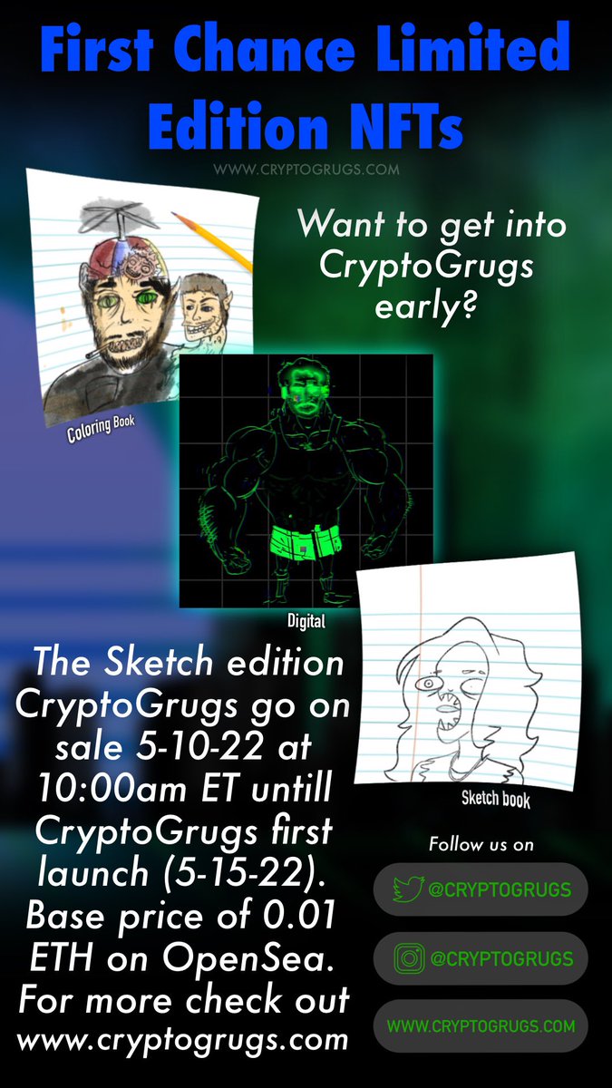 cryptogrugs's tweet photo. There are only 2 more days untill the limited edition early NFTs are taken off opensea and Cryptogrugs launches! 
#nft #eth #cryptogrugs #nftartist #OpenSeaNFT https://t.co/8x8VH9jczj