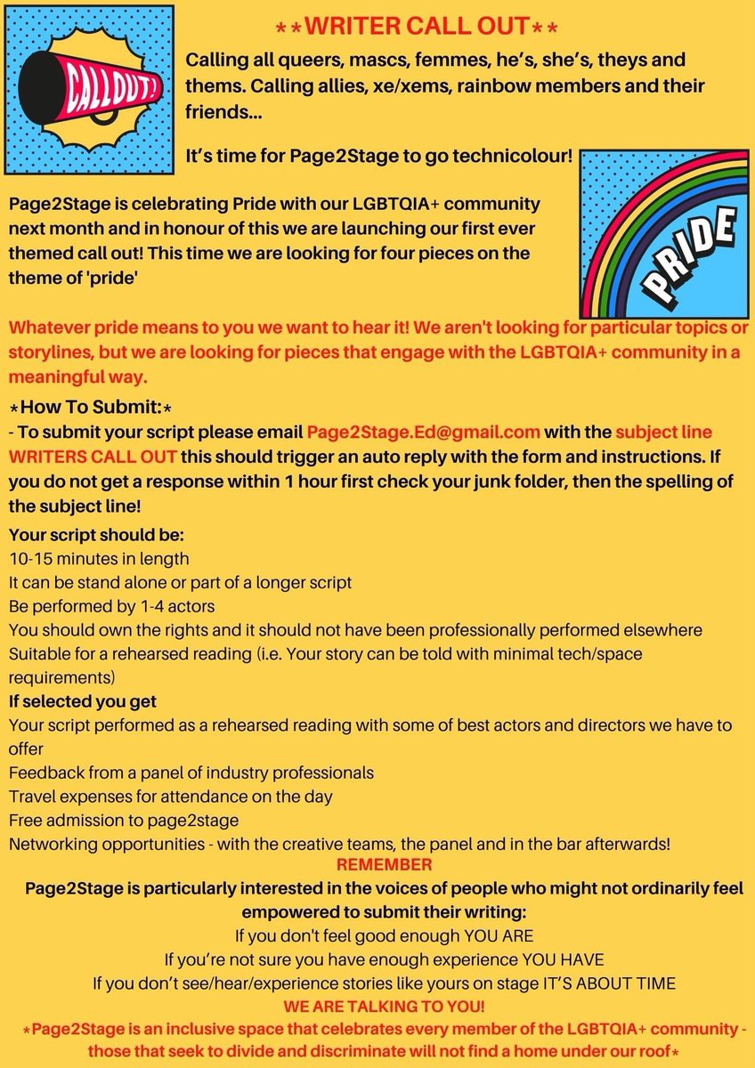 Page2stageE's tweet photo. Calling all queers, mascs, femmes, he’s, she’s, theys and thems
Calling allies, xe/xems, rainbow members & friends
#P2S is going technicolour
We are celebrating Pride with our LGBTQIA+ community & launching our first themed call out
When Tue 28 Jun
Deadline Fri 03 Jun 12pm https://t.co/trE2fQbbSp