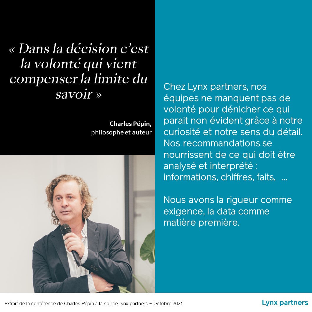 Nous avions accueilli <a href="/PepinCharles/">Charles Pépin</a> il y a quelques mois pour une conférence sur la philosophie du changement et comment s’orienter différemment dans un univers d’incertitudes. Nous en avons extrait 5 idées fortes qui sont autant de principes chez <a href="/Lynx_partners/">Lynx partners</a>.