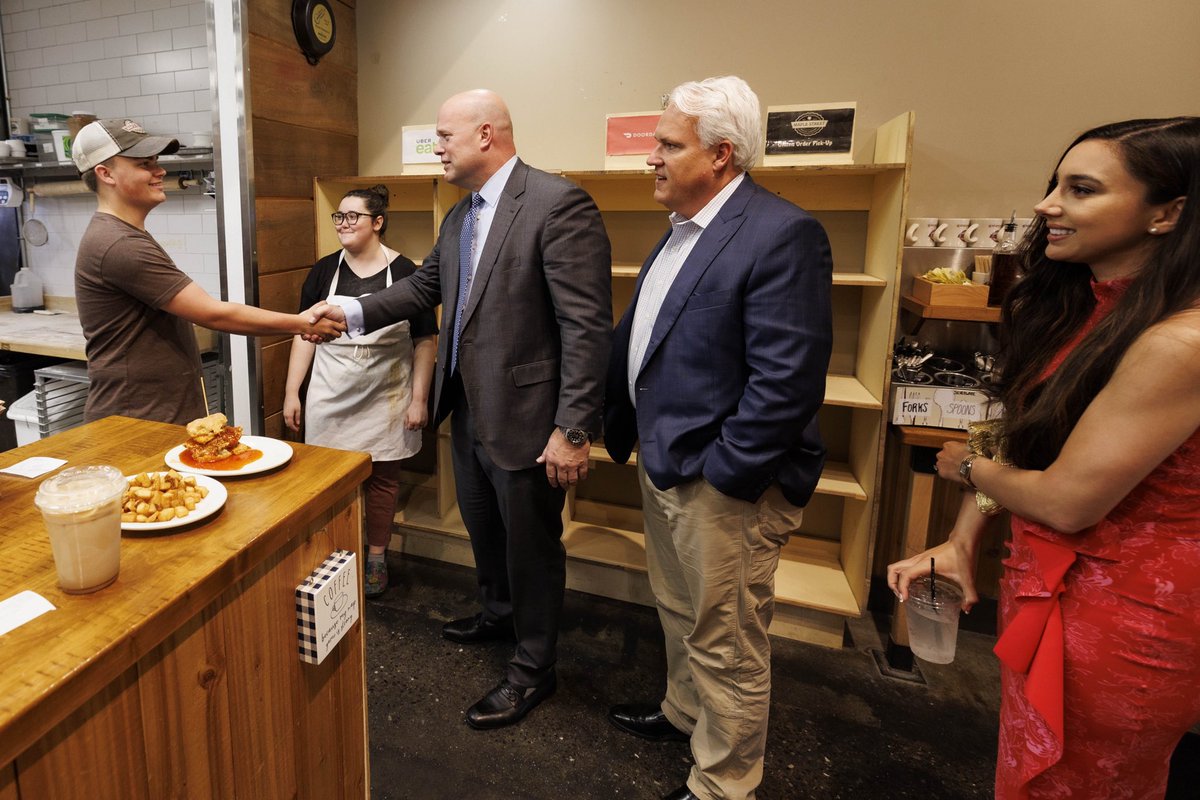 TakeBackGA's tweet photo. Great morning on the #RealGeorgiaSpeaks Team Trump Bus Tour @MapleStreetBisc with real Georgians! We’re spreading the word about President Trump’s endorsed candidates and reminding people to vote on May 24th! https://t.co/BOmD9I8Ang