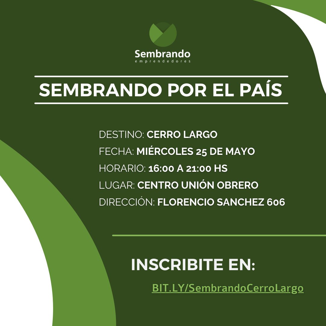 sembrandouy's tweet photo. 🔉 Seguimos con nuestra recorrida por el país, el próximo destino es: CERRO LARGO📍
🗓 Miércoles 25 de mayo
🕡 15:30 hs. Acreditaciones
🕡 16:00 hs. Inicio
📍 Centro Unión Obrera
Dirección: Florencio Sanchez 606
Inscribite en: https://t.co/9HfXVOgz2T https://t.co/6E3RFOtmJr