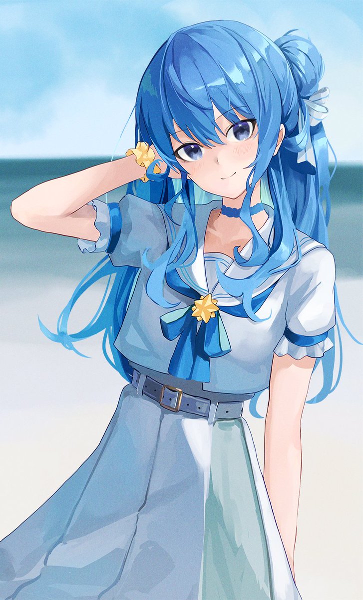 hoshimachi suisei 1girl solo blue hair blue eyes long hair smile looking at viewer  illustration images