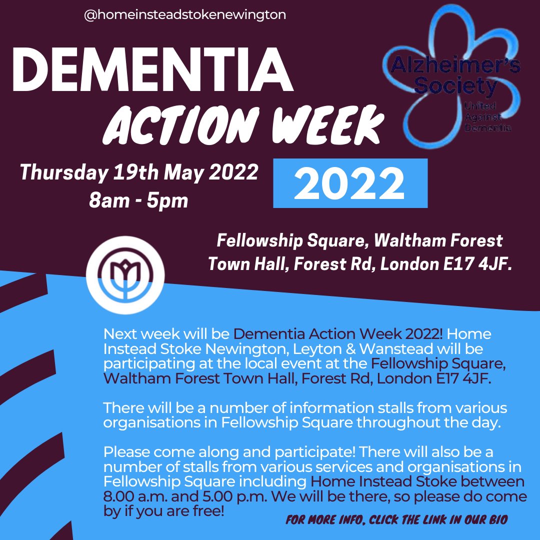 Next week will be Dementia Action Week 2022! Home Instead Stoke Newington, Leyton &amp; Wanstead will be participating at the local event at the Fellowship Square, Waltham Forest Town Hall, Forest Rd, London E17 4JF.

#homeinstead #walthamforest #Alzheimers #dementiaactionweek2022