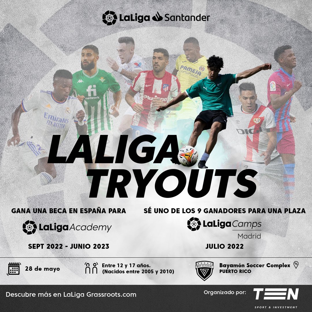 ¡LaLiga Academy llega a Puerto Rico! ⚽️🇪🇸🇵🇷 De la mano de Bayamón FC-DV7 y ESC Madrid, el próximo sábado 28 de mayo realizará un tryout en las instalaciones del Bayamón Soccer Complex. Inscríbete y compite por una beca. Para más información accede a admin.owqlo.com/link/jBuwGi7Sx…