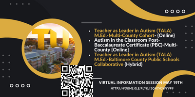 Holmankay's tweet photo. Towson University is recruiting for 3 Autism focused grad programs-Fall 2022 (2 are fully online for instate educators, paras, related service providers).  Virtual Info session Thursday May 19 at 4:30. Register here: https://t.co/j2QnadAVUL @TowsonCOE @TUSpecEd @BCPSBirthtoFive https://t.co/yCVvWeH6Xe