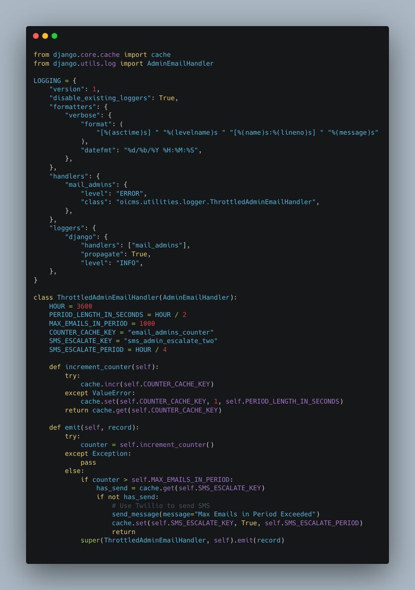 petervanderdoes's tweet image. When you send emails of errors in the #Django log you could run into problems when using AWS SES. There is a limit to the amount of emails you can send in 24h. If your site has decent traffic & is under attack the snippet below helps alleviate the problem. #Python #PythonSnippet
