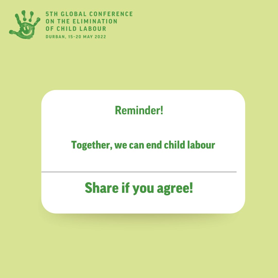 Retweet if you agree! 

The future is a world without child labour. If we believe it, we can make it possible.

Join the conversation around the 5th Global Conference on the Elimination of Child Labour: 
👉🏾 bit.ly/globalchildlab… 

#EndChildLabour #RaiseYourHandForKids