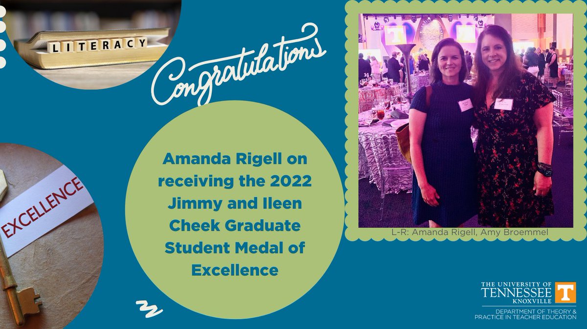 UTKTeacherEd's tweet photo. Congrats to TPTE PhD 2022 grad, Amanda Rigell, on receiving the 2022 Jimmy &amp; Ileen Cheek Graduate Student Medal of Excellence! https://t.co/EgZs49nEz6  @utkcehhs @utknoxville #utktpte #utkcehhs #utknoxville  #teachereducation #literacystudies #literacyeducation #literacyed https://t.co/pJNR5tPkeJ