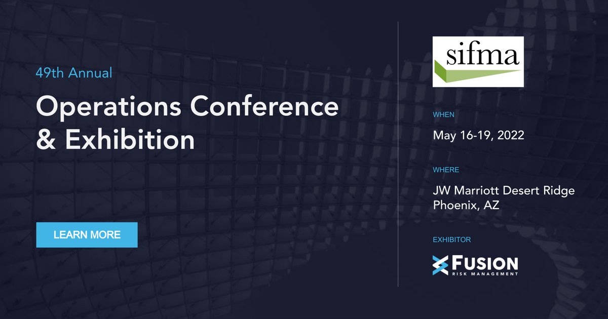 FusionRiskMgmt's tweet photo. We're looking forward to being an #exhibitor at @SIFMA's Operations Conference &amp; Exhibition next week!

If attending the #inpersonevent, #visitus at #booth #108 to learn how Fusion can digitally transform your #operationalresilience program! Learn more: https://t.co/1wjD77pQOl https://t.co/GUwD9nOWDf