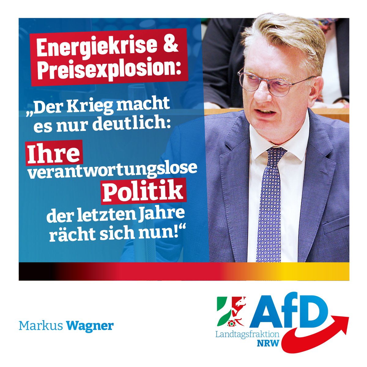 Die Folgen der Fehlpolitik brauen sich seit Jahren über unseren Köpfen zusammen wie ein gigantischer Sturm. Ob #Inflation oder #Energiekrise: „Daran ist nicht der Krieg schuld. Er macht Fehler nur deutlich!“ - @Wagner_AfD_MdL
#AfD #LtNRW