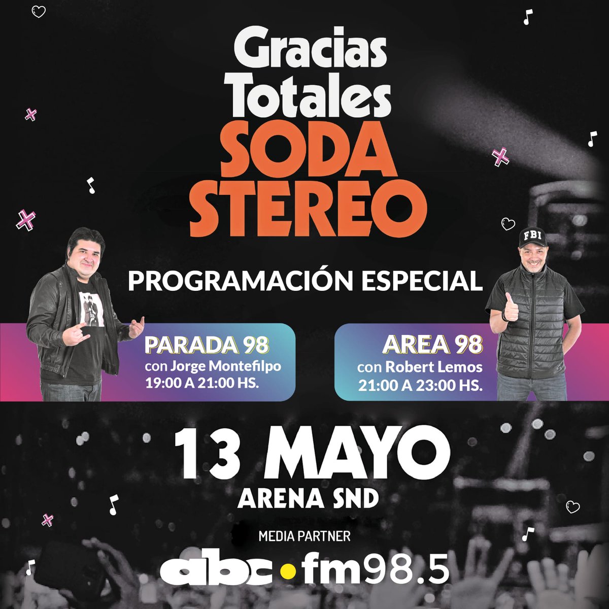 Romance985's tweet photo. #SodaStereoPy 🎉🥳La 98.5 FM te acompaña al concierto de #GraciasTotalesPy en la SND Arena.
🎙️Desde las 19 hs, cobertura con @JorgeMontefilpo en #Parada98 y desde las 21 hs @RobertLemos1 con #Area98.
♥️¡Vení a visitarnos!
98.5 FM🎧 Solo Éxitos
📲https://t.co/ZH6HDzyYTE https://t.co/0SnfduXgt5