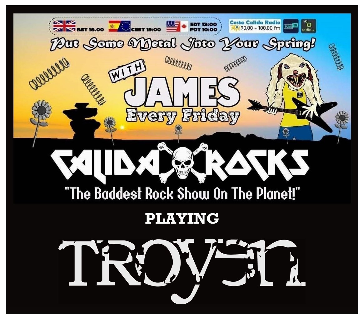 Troyen14's tweet photo. Friday night means the Baddest Rock Show on @RocksCalida . Tune in to hear the awesome James Whittall playing Troyen and a whole host of metal mayhem. Tune in tonight at 6pm - 9pm (GMT). https://t.co/LwpRaYIqZC #CalidaRocks #CostaCalidaRadio #rock #radio #nwobhmmusic #nwobhm https://t.co/JSBzhQNz0T