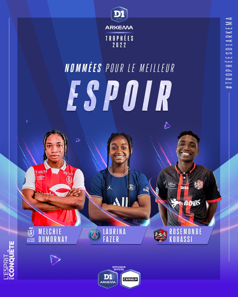 👊 Quelle joueuse s'est révélée cette saison ? Voici les 3️⃣ nommées pour le Trophée du meilleur espoir 👇 

🔴 Melchie DUMORNAY (<a href="/StadeDeReims/">Stade de Reims</a>)
🟢 Laurina FAZER (<a href="/PSG_Feminines/">PSG Féminines</a>)
🔵 Rosemonde KOUASSI (<a href="/FCF91_feminines/">FC Fleury 91 Féminines</a>)

Réponse lundi 23 mai lors des Trophées de la #D1Arkema 🏆