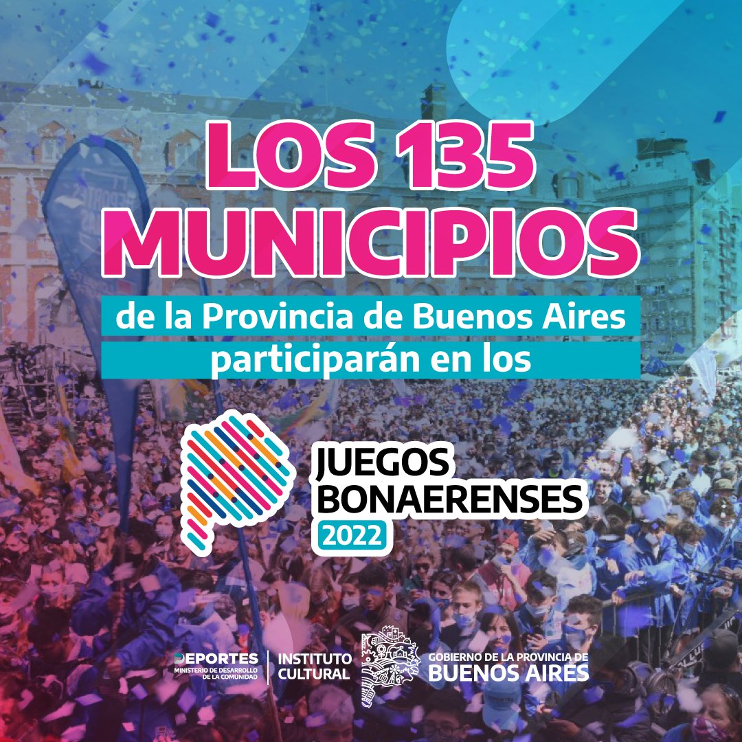 MinDesarrolloBA's tweet photo. ¡Los 135 municipios de la Provincia de Buenos Aires estarán presentes en los Juegos Bonaerenses! 

Les damos a la bienvenida a todos los distritos a la máxima fiesta del deporte y la cultura ⚽👩‍🎨

#JuegosBonaerenses2022 
#InspiraDeportePBA 
#ComunidadDeportiva https://t.co/CNJGu3Ljjq