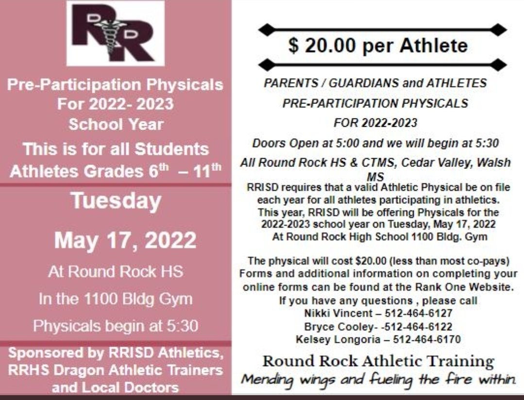 📢ATHLETIC PHYSICALS📢
Get you Athletic Physical for the coming year on Tuesday, May 17th here at Round Rock HS!