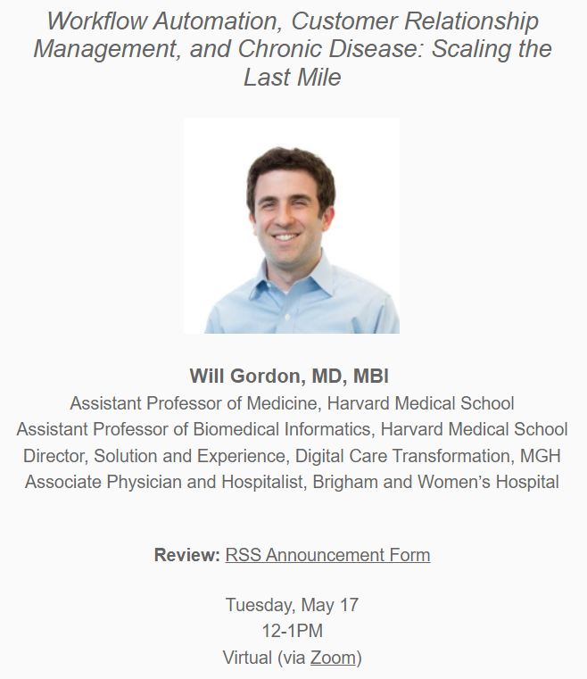 MassGenBrigCI's tweet photo. Catch @MassGenBrigCI alumnus @willjg this Tuesday at noon the weekly Harvard Clinical Informatics Lecture Series! #HCILS https://t.co/aFAlghh31P
