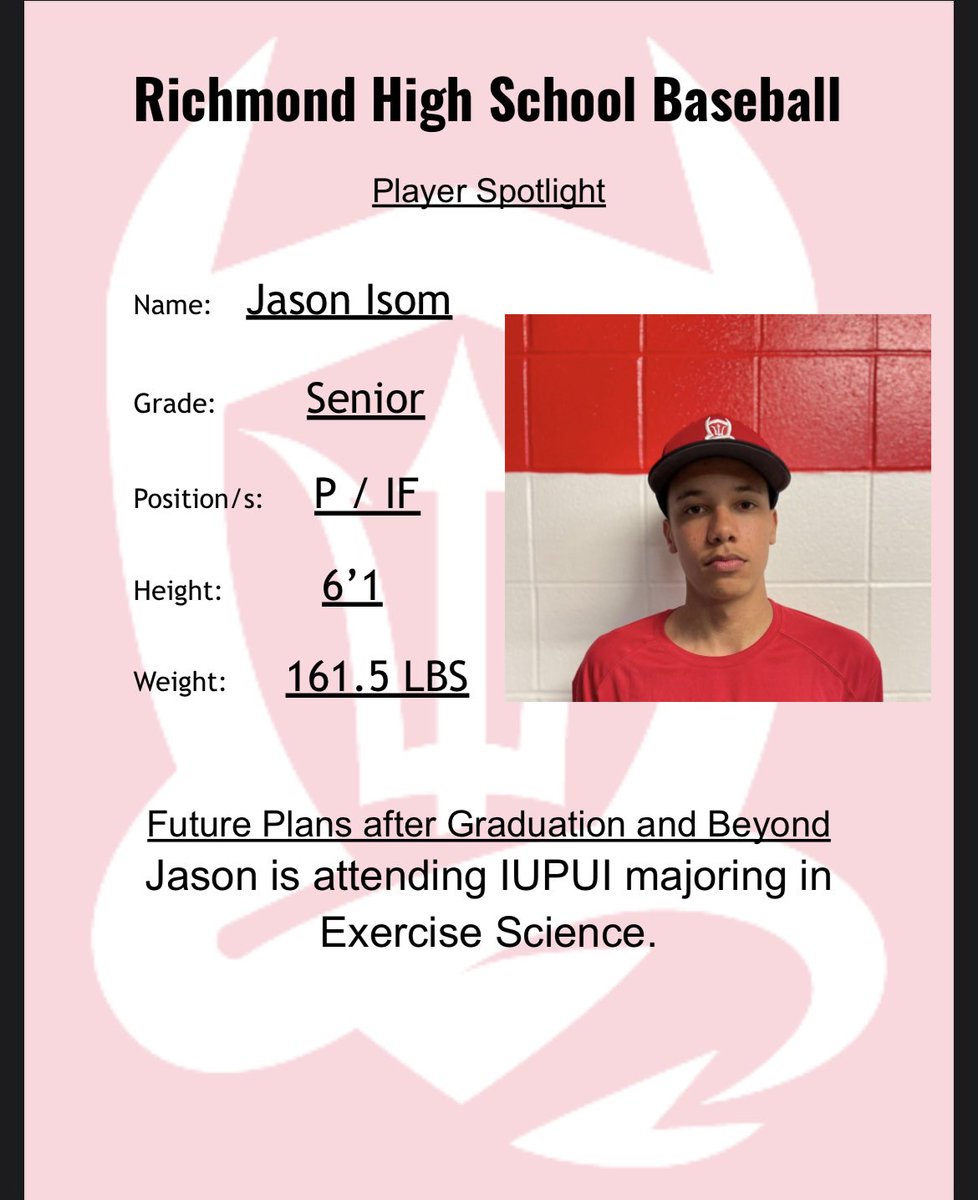 We_R_Baseball's tweet photo. Our third of our #FiveDaysofSeniors will be Jason Isom. Jason has had a great year at the plate hitting .520 with 13 total hits. Jason has come up with some very clutch hits this season. Proud of you, Jason!
@RHSRedDevils https://t.co/v9GPX3uY2U
