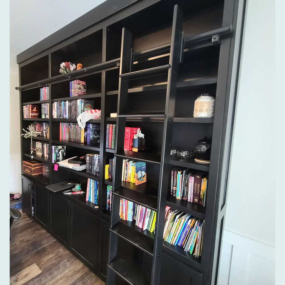 CSHardware's tweet photo. Checkout this amazing rolling ladder application and post by @matthewsdesignstudio!:
"Black Library Shelving complete with rolling ladder and adjustable shelves.
#librarycabinet #customshelving #bookcase #rollingladder #blackcabinets #blackbookcase #officebuiltins https://t.co/dAGLR3nhSA