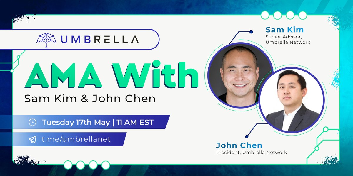 🔔 Live AMA on Telegram! 

Please join us for an internal AMA as <a href="/samislucid/">Sam Kim</a> and <a href="/J0HNCHEN/">JC</a> will be on hand to answer your most urgent questions.

🗓️ : May 17th 2022
📍: t.me/umbrellanet  
⏰: 11 am EST 

See you on Tuesday! 

#AMA #oracles $UMB #bsc #solana