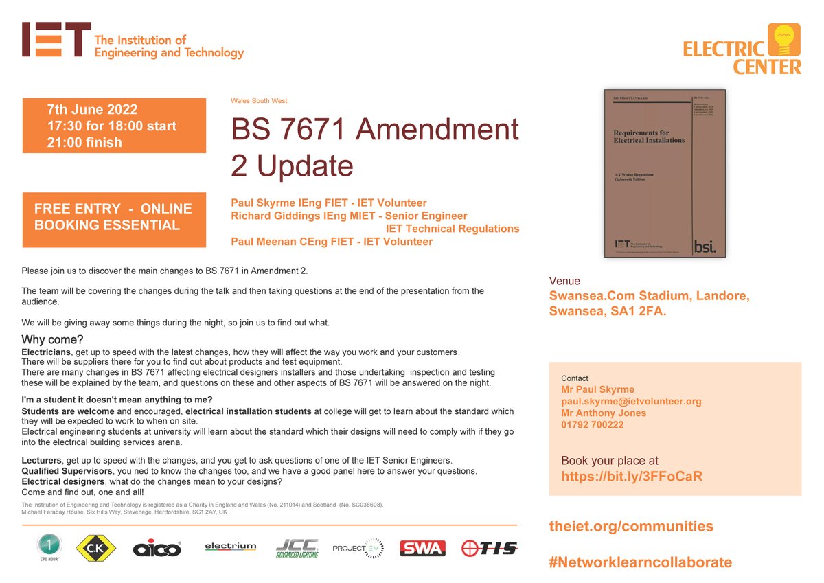Please join us for our event on the 7th of June on BS 7671 Amendment 2, at the Swansea.com stadium, in conjunction with Electric Center Swansea.
Please register here to attend (free event):
bit.ly/3FFoCaR