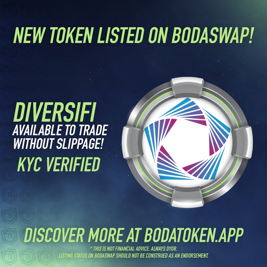 BodaToken's tweet photo. 📢 NEW #BODASWAP LISTING 📢

Welcome @DiversiFibsc to our #BodaFam!

DiversiFi is a reward token rotating between $BTC, $ETH, $DOT, $MATIC, and $AVAX every 6 hours! 

#DVFB Available now without Slippage - https://t.co/uuOs83qKPt 

#BSCGem #Crypto https://t.co/eugici4U36