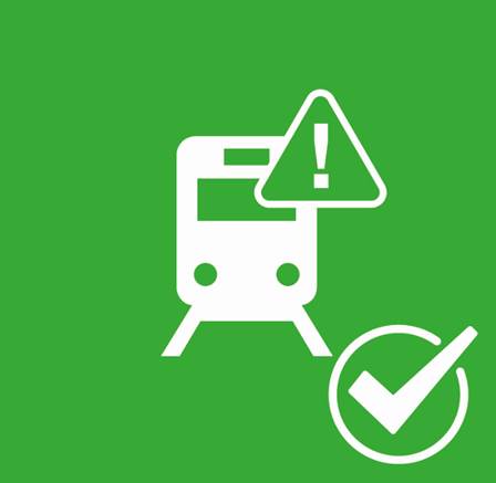 Imatge d'un tren amb fons verd i símbol d'OK.