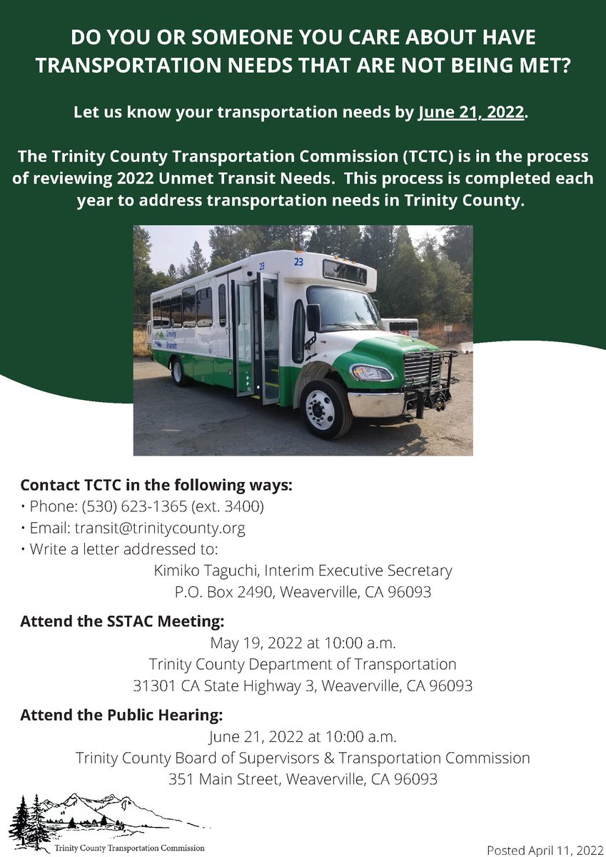 Do you or someone you know have transportation needs that are not being met? Meet Trinity County’s local transit service providers at the Social Services Transportation Advisory Council Meeting 10:00am May 19th at the Trinity County DOT office.