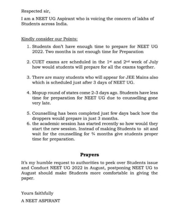 vani_mehrotra's tweet photo. NEET UG students too are demanding postponement of exam, citing various reasons concerning them.
#NEETUG2022 #NEETUG https://t.co/VA4Xqcuwb9