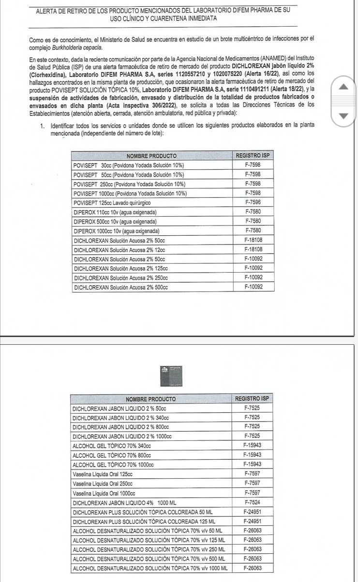 AndreaObaid's tweet photo. Acá están los lotes con nombre de producto y registro de Difem Pharma que el @ispch llamó a retirar por contaminación del complejo Burkholderia cepacia, que comprende 24 especies de bacterias que son patógenos oportunistas https://t.co/qTdeyzEKDC