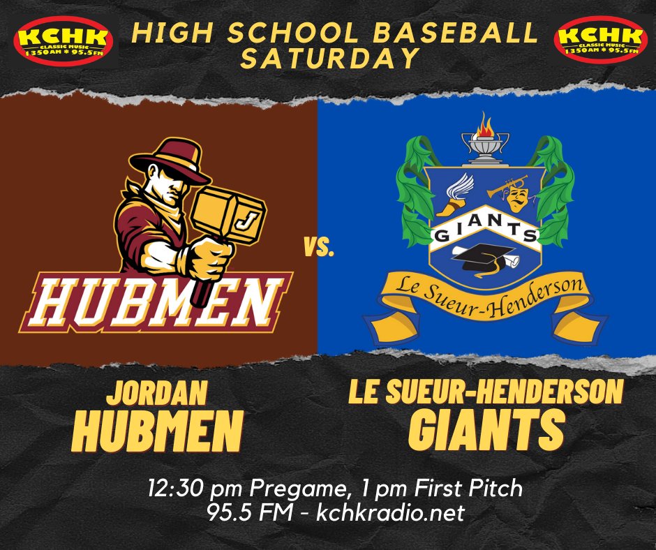 kchkradio's tweet photo. Tune in Saturday for HS Baseball as the Jordan @HubmenBaseball travels to Le Sueur to face the @LSHBaseball Giants on @kchkradio!!
@isd2397 @JordanSchoolsAD https://t.co/AVSpdQibGn