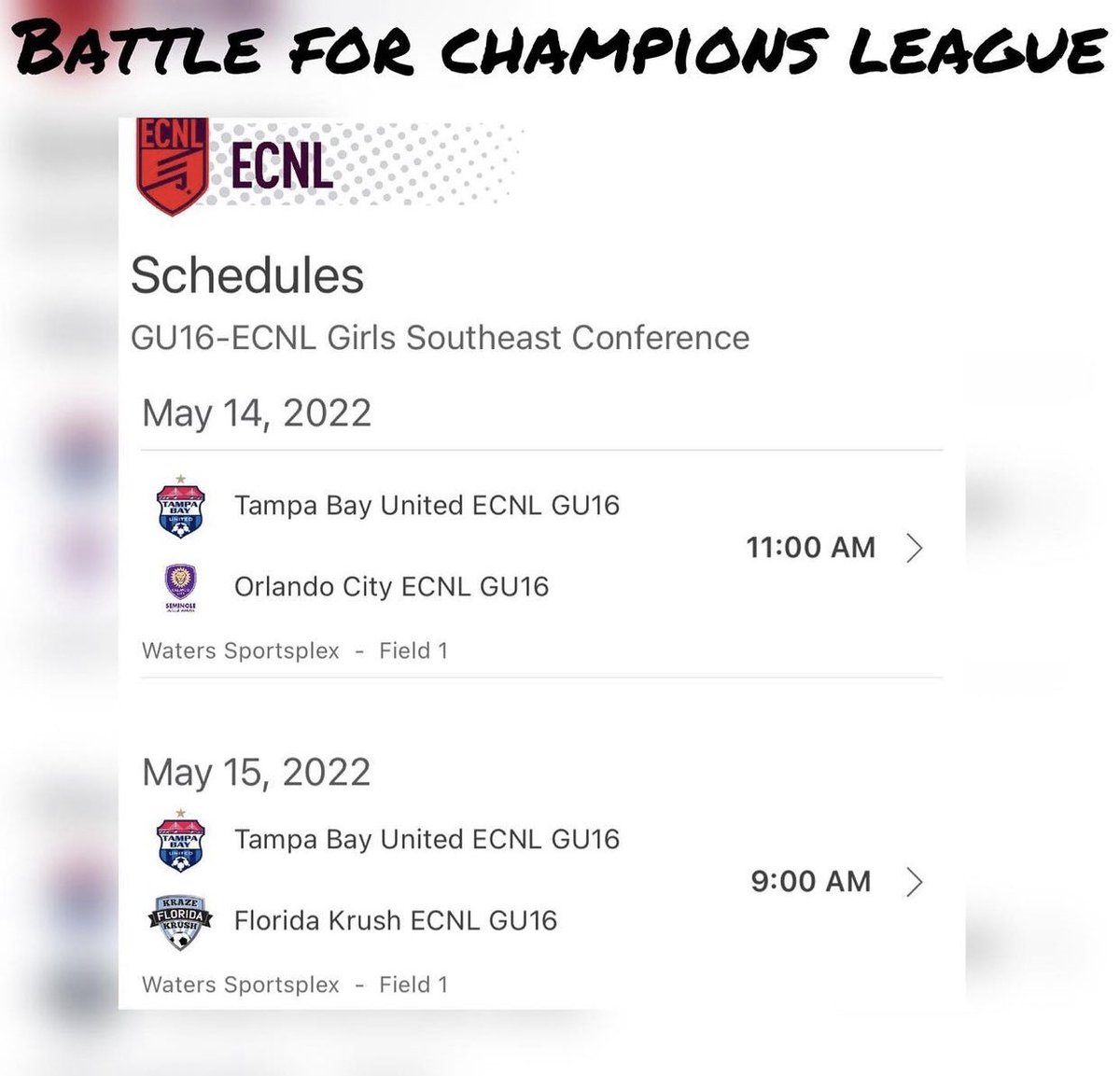 AaliyahPitts101's tweet photo. It all comes down to this weekend! Come cheer us on at home as we look to clinch our spot into @ECNLgirls Champions League!! @ImCollegeSoccer @tbusoccer @BeastModeSoccer #roadtonationals #tbupride #championsleague #U16 #provennotpromised #TampaBay https://t.co/B31kp9hubp