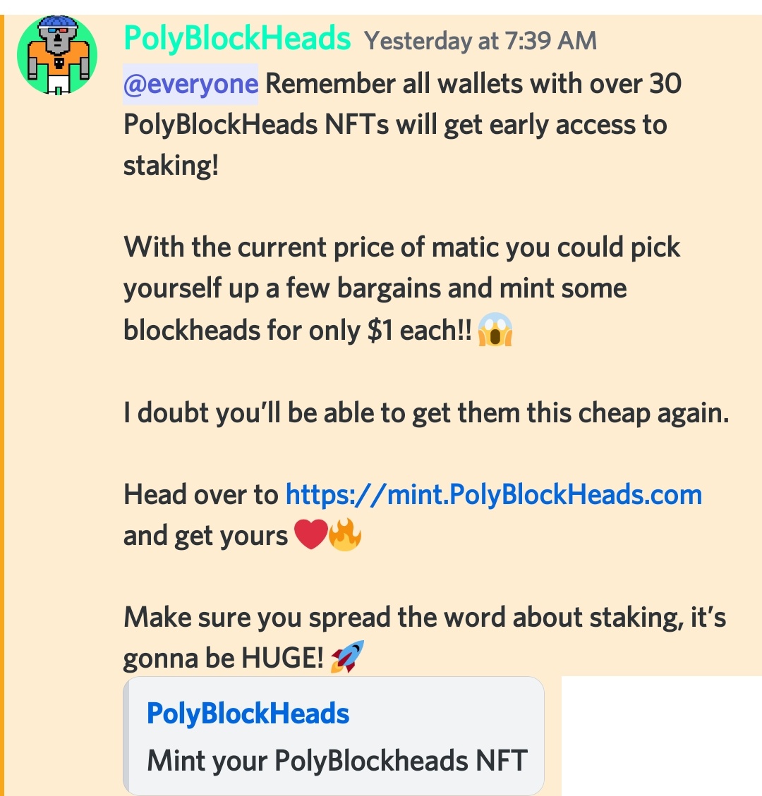 QuantamNobody's tweet photo. Seriously huge!  Staking coming early for wallets holding 30 PBH or more!
🏆 Follow @BlockHeadsPoly and @QuantamNobody, like, retweet and join us in discord and I shall enter you to win 3 #PolyBlockHeads to get your started! 

https://t.co/jspRk6ysWi

Passive income incoming! 🚀 https://t.co/HAZiuARTp1
