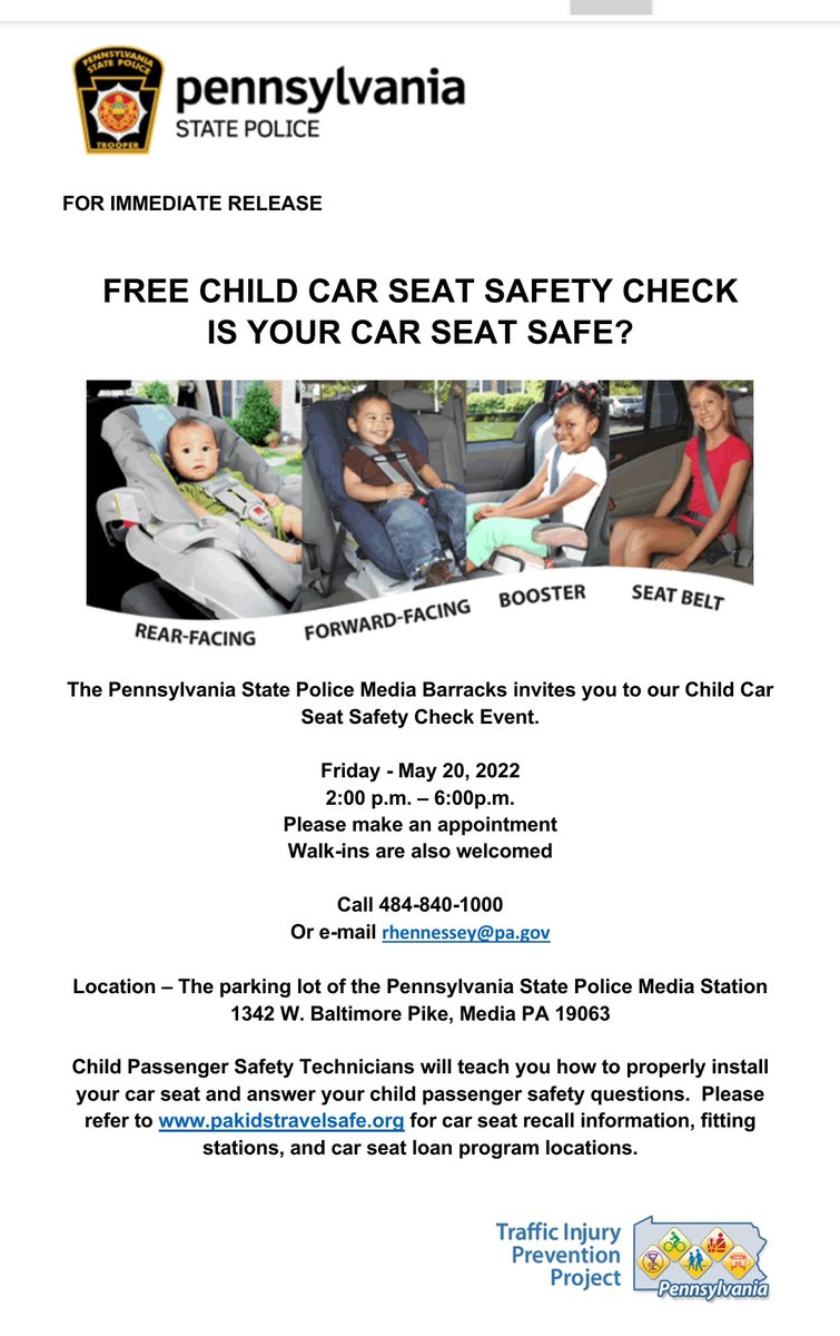 PSPTroopKPIO's tweet photo. Just a reminder, Troopers will be available for car seat installations next Friday, May 20th between 2pm and 6pm at the Pennsylvania State Police Media Station @ 1342 W. Baltimore Pike, Media PA 19063 https://t.co/de8p4EEGvW