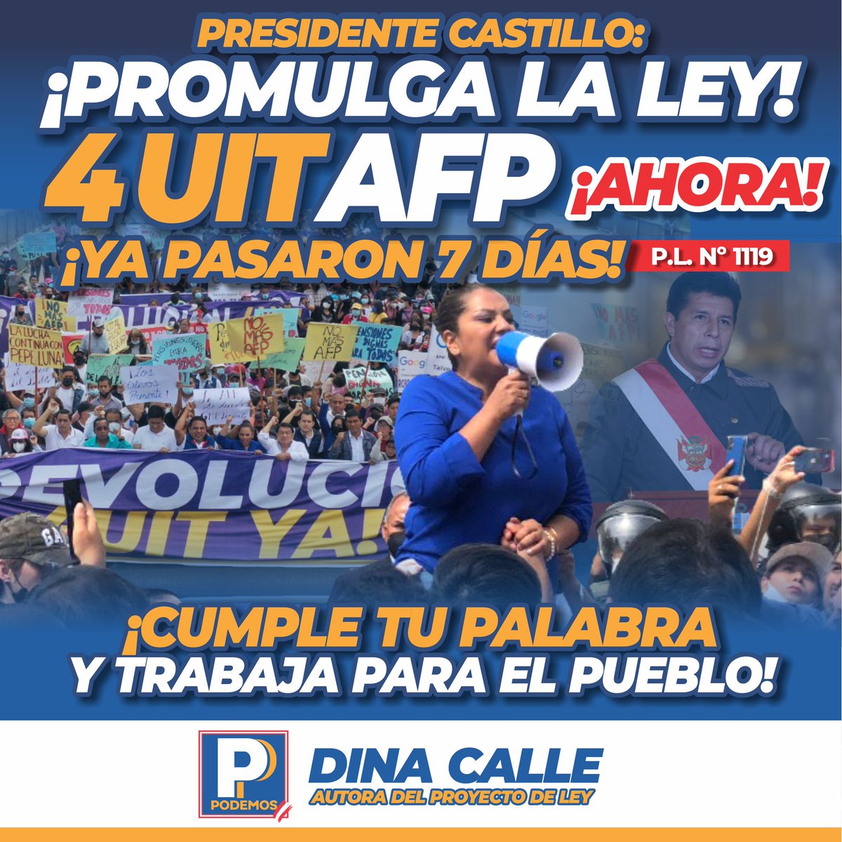 DignaCalle_Of's tweet photo. 🛑📣¡PRESIDENTE CASTILLO PROMULGA LA LEY AFP! 
Nuestros hermanos aportantes y ex aportantes de las AFP ¡NO PUEDEN SEGUIR ESPERANDO! ya pasó una semana, firma la autógrafa de ley de retiro de 4UIT #AFP ¡PARA TODOS!
#DinaCalle #SíTeRepresenta https://t.co/fESmipLvee