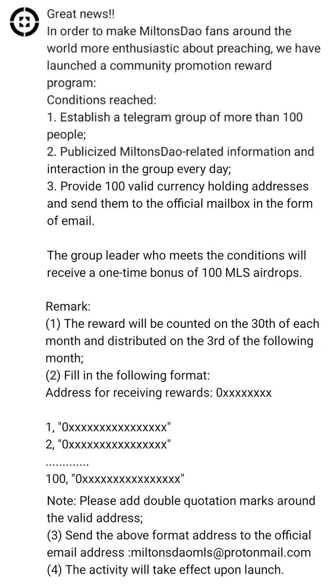 DaoMiltons's tweet photo. Great news!!
In order to make MiltonsDao fans around the world more enthusiastic about preaching, we have launched a community promotion reward program.

The group leader who meets the conditions will receive a one-time bonus of 100 MLS airdrops.

Details as follows↓ https://t.co/VepZXOA9e2