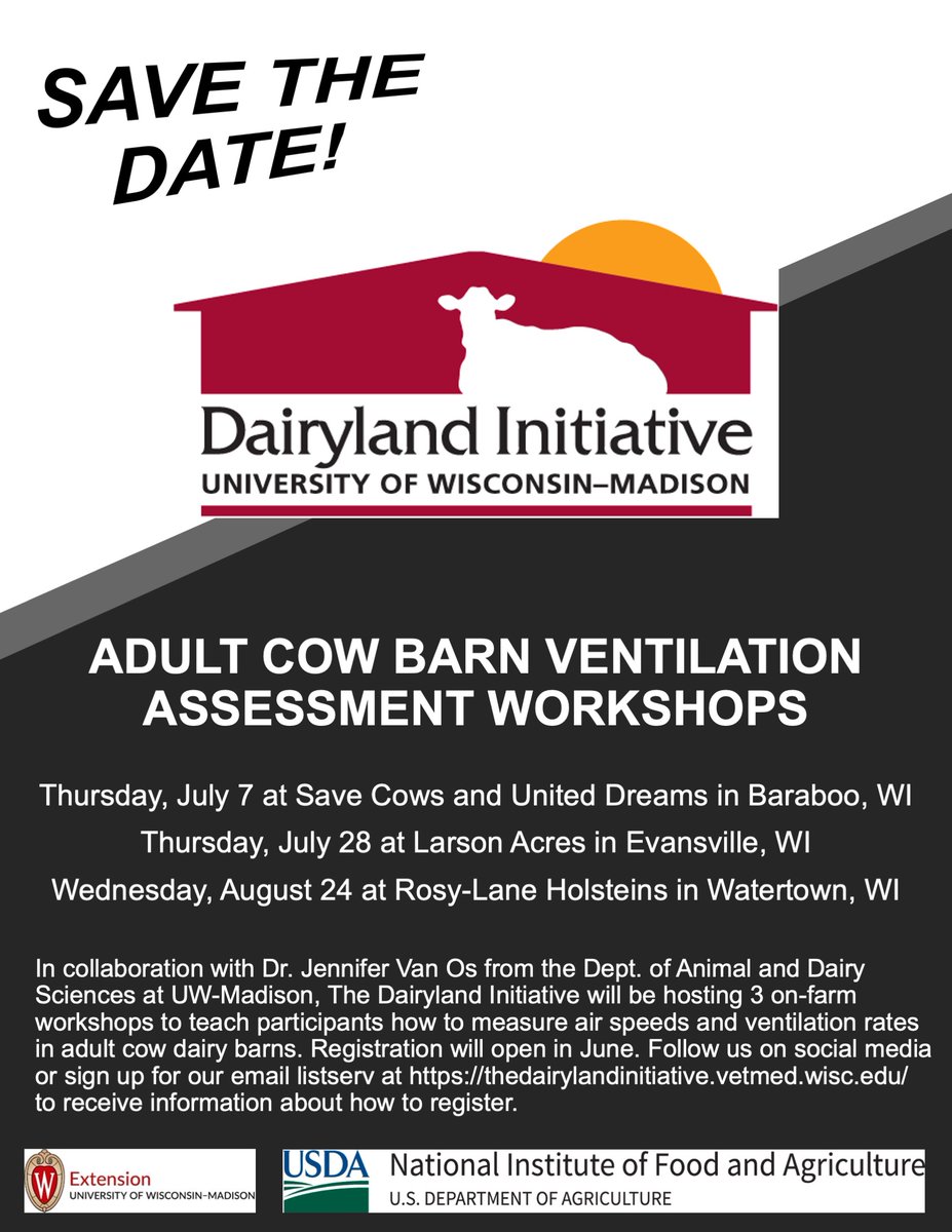 Learn how to measure airspeeds and ventilation rates in dairy barns in 1 of 3 on-farm workshops in Wisconsin! July 7 or 28, or August 24. thedairylandinitiative.vetmed.wisc.edu