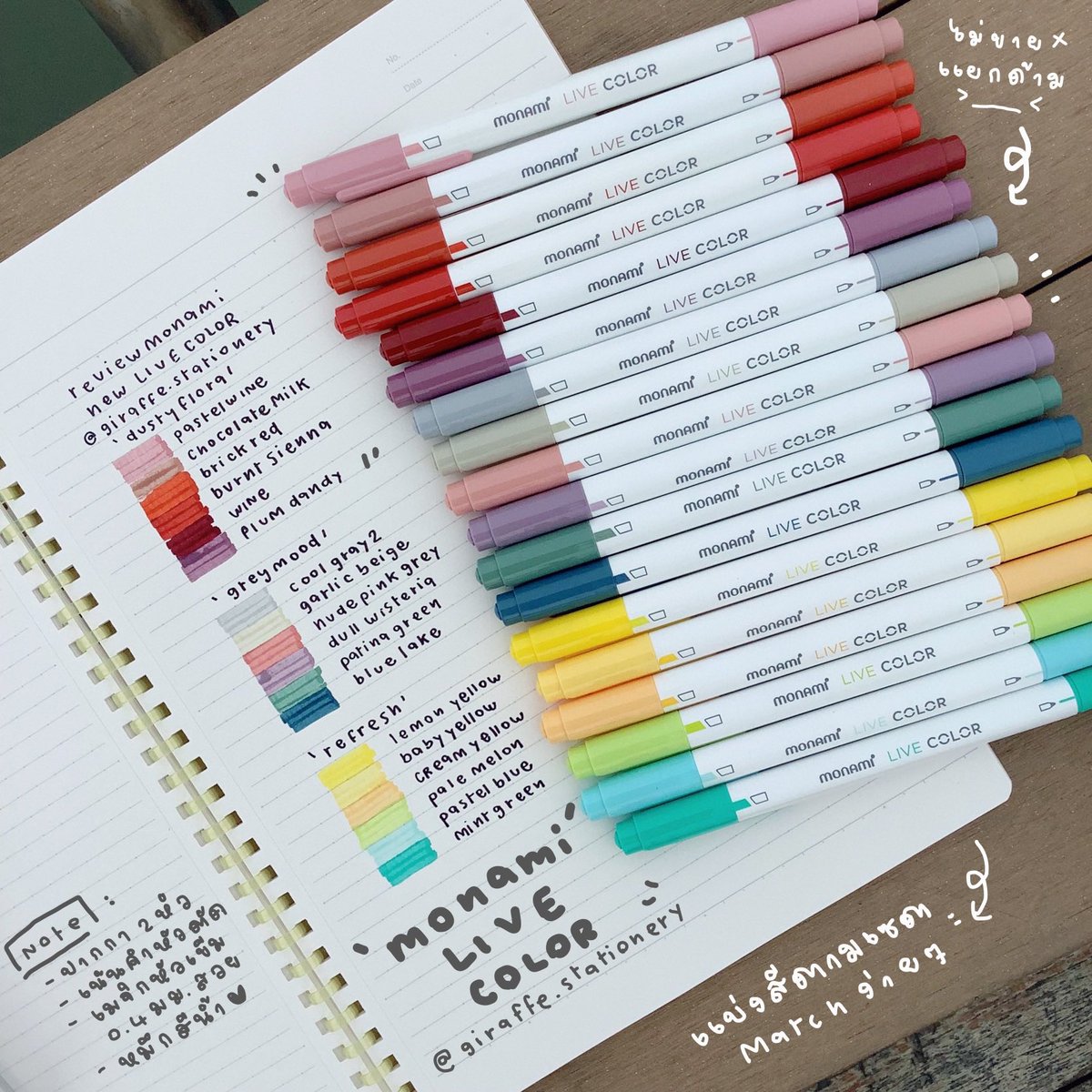 giraffereview's tweet photo. Monami Live Color แบรนเกาหลี🇰🇷 รุ่นใหม่ด้ามขาว Minamal ส่วนตัวใช้เองแล้วเป็นปากกาสีสองหัว หัวตัดและหัวเข็มที่ราคาน่ารักและโทนสีทันสมัยสวยอีกแบรนเลยค่า การใช้งานไม่ได้สมูทลื่นแบบปรื๊ดปร๊าด~ เพราะเป็นหมึกน้ำ แต่ในแง่ของเฉดสีในราคาน่ารักแบบนี้ ประหยัดแนะนำเลยค่า #รีวิวเครื่องเขียน https://t.co/PtwLkViwyC
