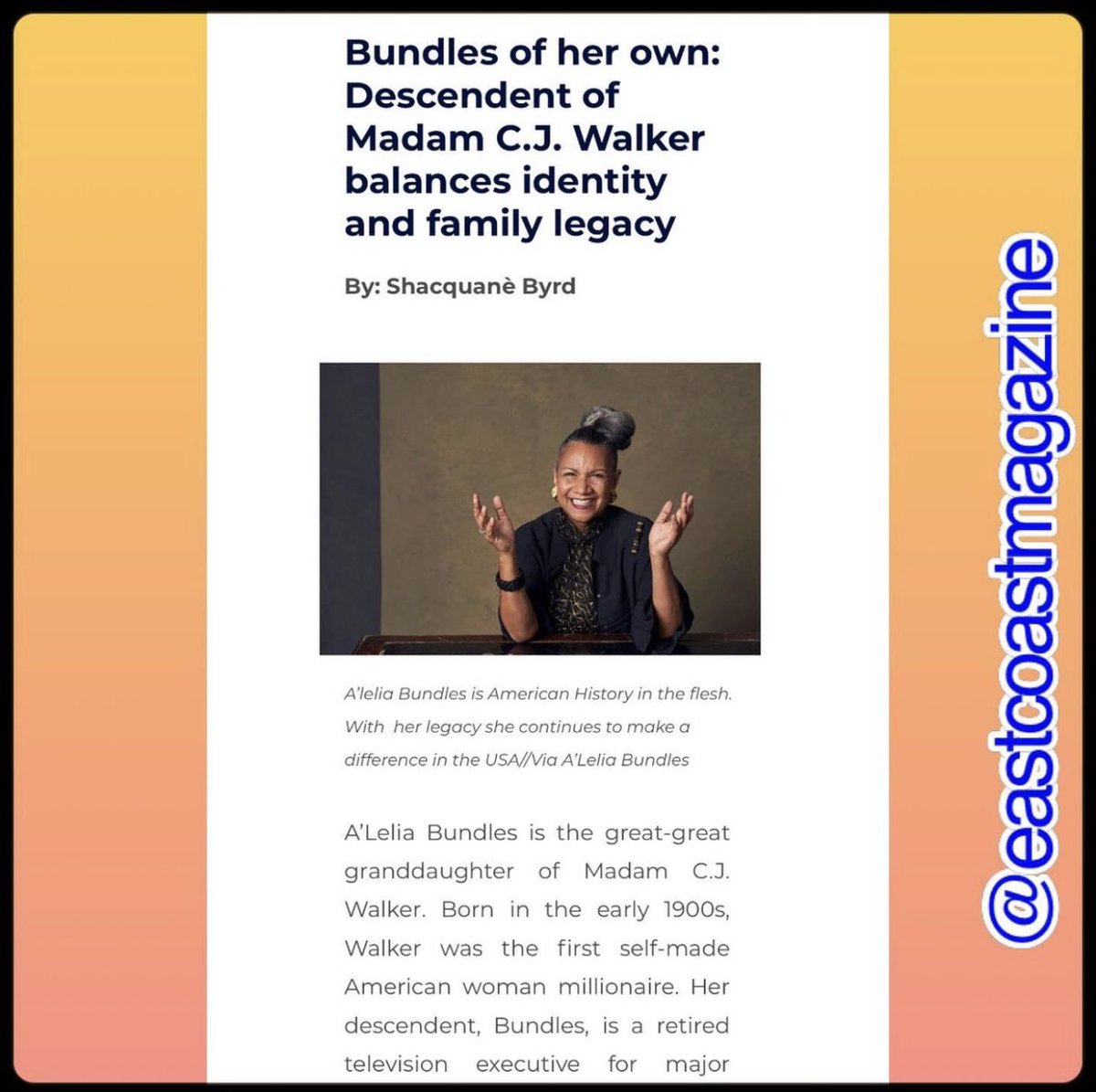 MagazineEast's tweet photo. We had the pleasure to have the Descendant of Madam C. J. Walker featured in our May 2022 Issue.  

She has Bundles of legacy that she perseveres. As well as her extensive career in journalism!She is one of the shoulders  we stand on in the media industry.
https://t.co/QYJPvNmW49 https://t.co/pQQrklDSCK