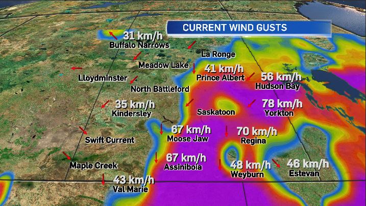 BradlynOakes's tweet photo. Current look at the radar and sat as this system continues to move through, as well as the current conditions. Rainfall warnings remain in effect in the SE and gusting winds continue. #SaskWX @CTVRegina https://t.co/bJ5q2M1Sig