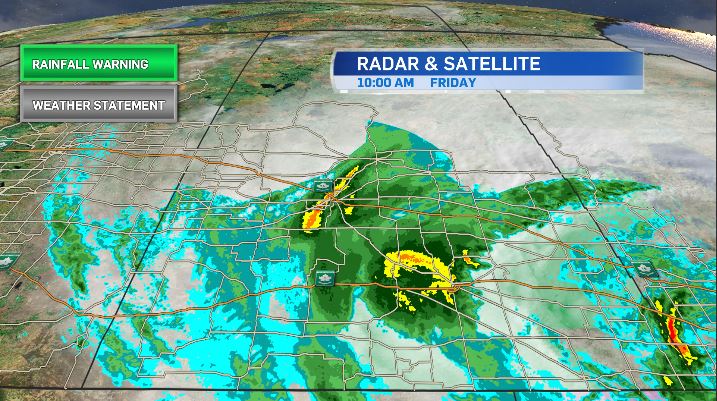 BradlynOakes's tweet photo. Current look at the radar and sat as this system continues to move through, as well as the current conditions. Rainfall warnings remain in effect in the SE and gusting winds continue. #SaskWX @CTVRegina https://t.co/bJ5q2M1Sig