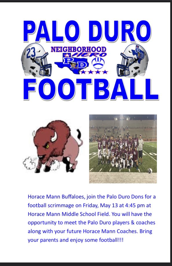 Eric_Mims_Sr's tweet photo. Are you ready for some football? Come out this afternoon to Horace Mann MS and support your Dons. We will scrimmage from 4:45 - 6:00
#NeighborhoodHero
#NorthsidePride
#AverageIsOver https://t.co/yxwMiJGuW8