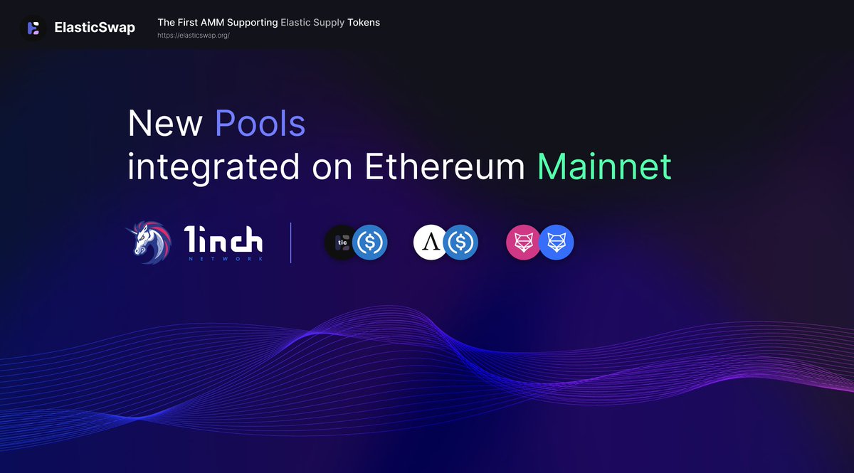 ElasticSwap's tweet image. @ElasticSwap is excited to announce that @1inch has integrated our pools on #Ethereum 🚀🚀 A big THANK YOU to @tanz0rz and his team for getting this done so quickly!

$TIC-USDC, $AMPL-USDC, and $FOXy-FOX

Have a great weekend and happy swapping!